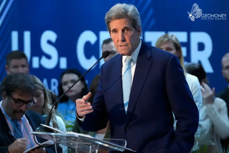 John Kerry speaking at a press conference in support of UAE's selection of oil executive to lead UN climate negotiations